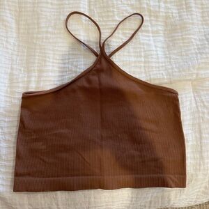Halter neck brown ribbed cropped tank top